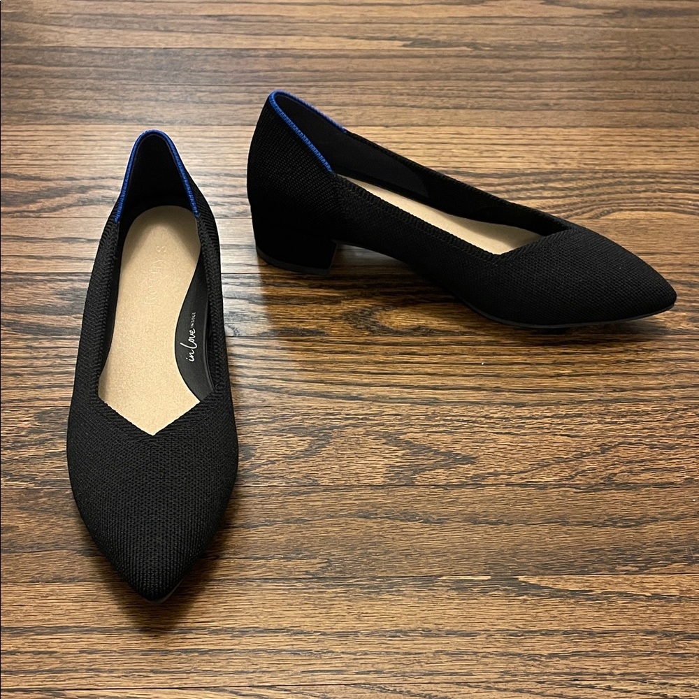 Rothy's Black Pointed Low Block Heel Pumps with Blue Trim